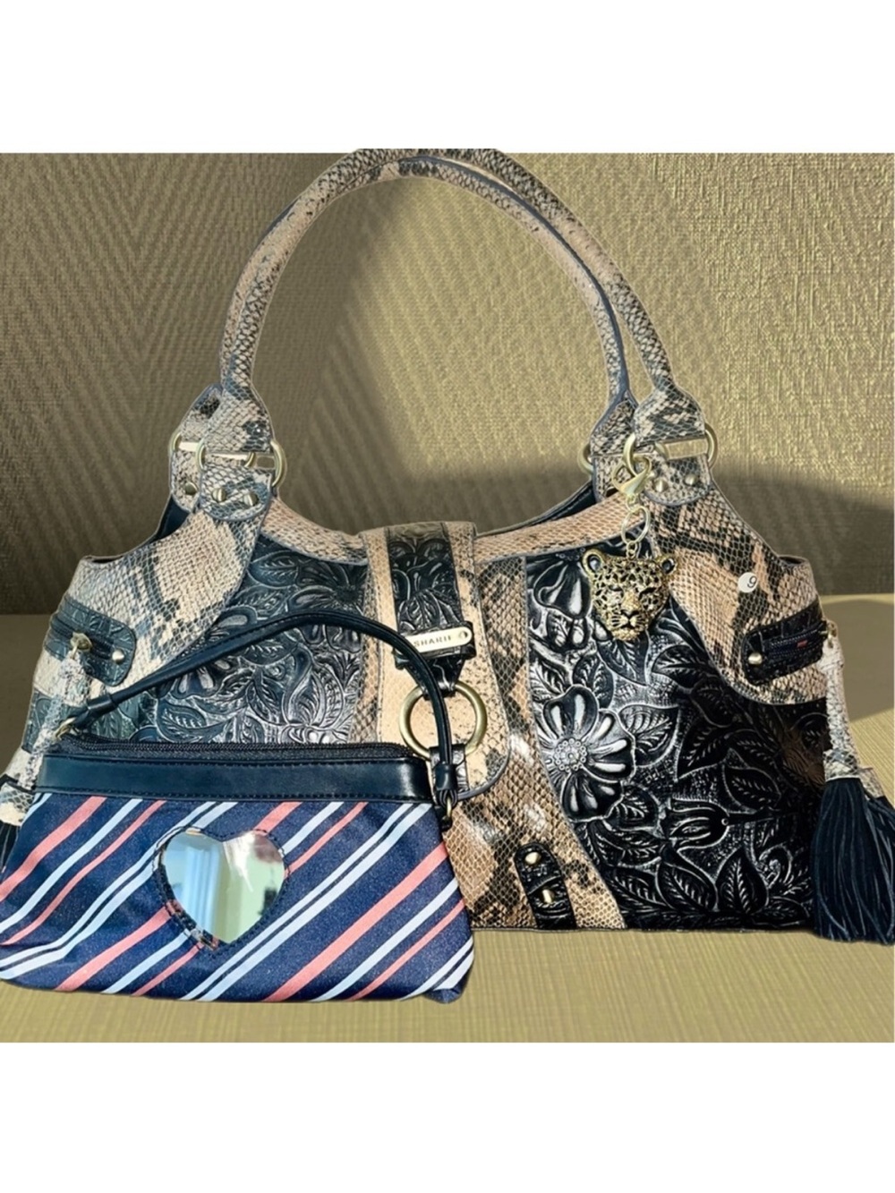 Sharif Studio 2 Pcs. Embossed Leather Snakeskin Top Handle Bag & Make-Up Bag